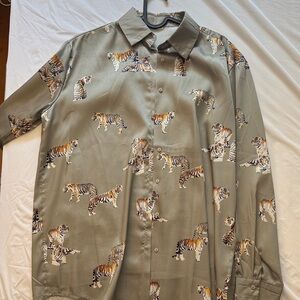 Men's Olive Green Tiger Print Button-Up Shirt